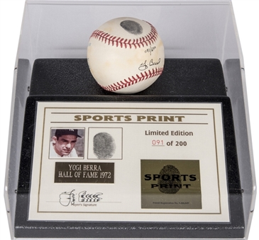 Yogi Berra Autographed Baseball with Yogi Berra Thumbprint in Case Display (LE 91/200) (PSA/DNA)